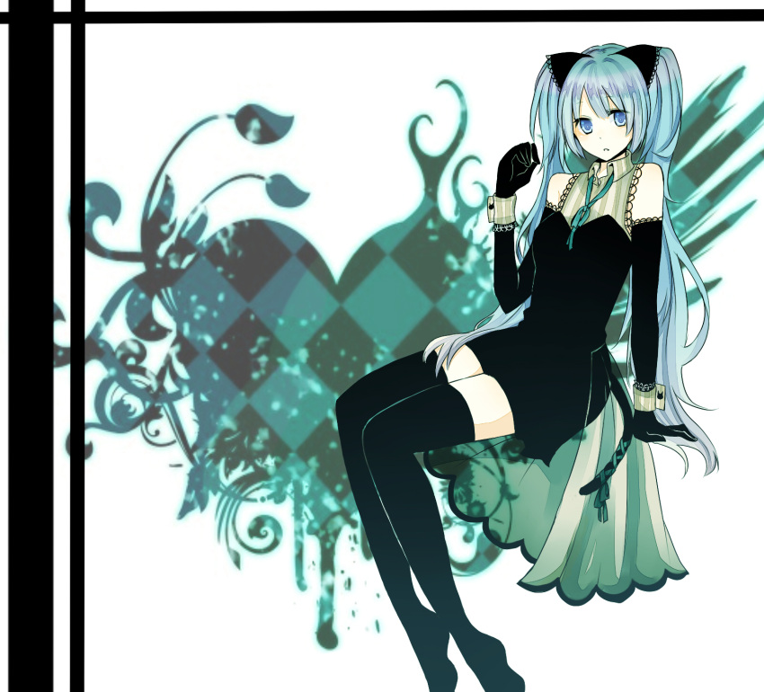 animal_ears arm_support bad_id bad_pixiv_id black_thighhighs blue_eyes blue_hair cat_ears cat_tail detached_sleeves elbow_gloves female gloves haku_(aoray) hatsune_miku highres long_hair risky_game_(vocaloid) sitting solo tail thighhighs twintails very_long_hair vocaloid wrist_cuffs