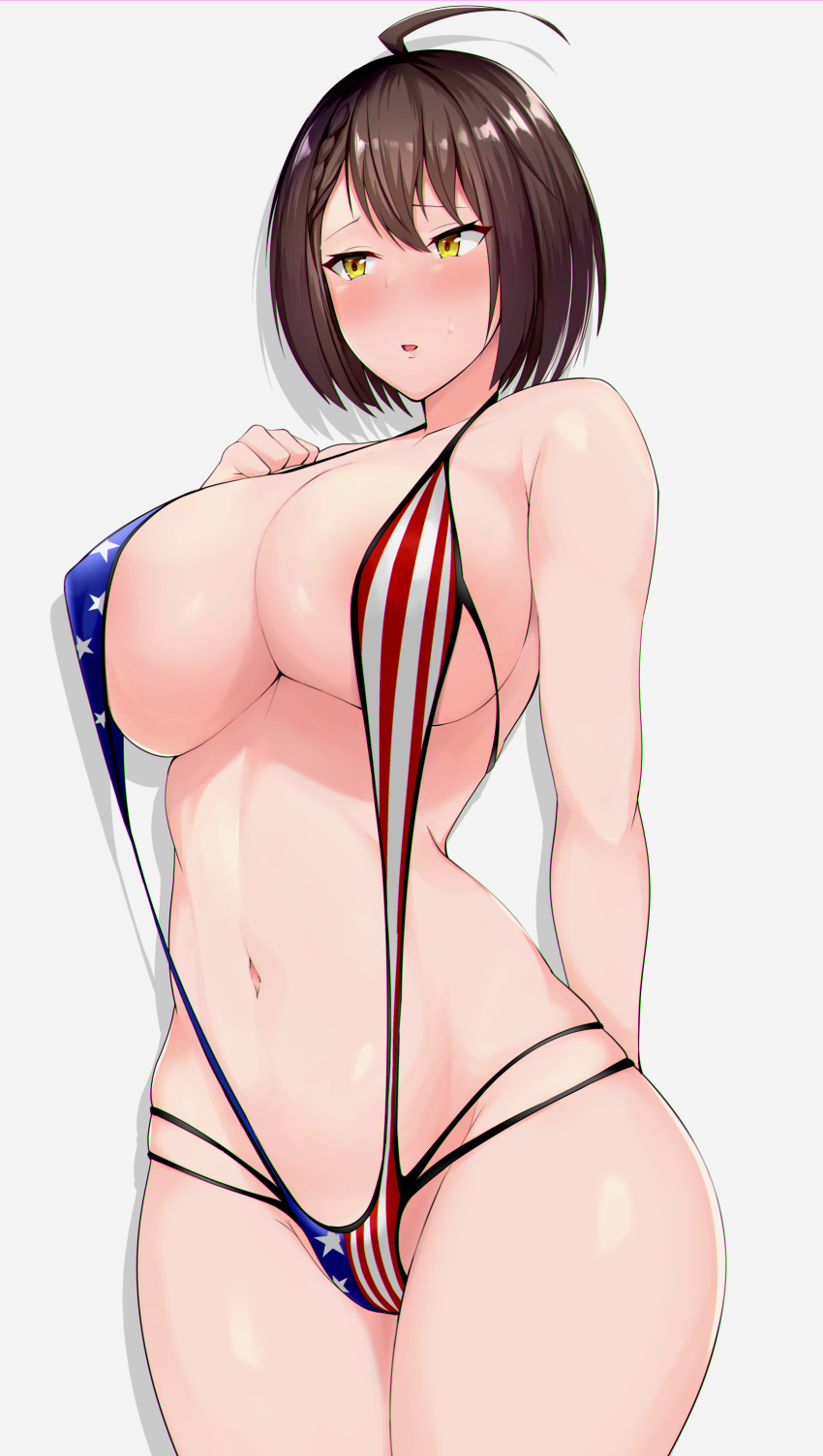 absurdres ahoge american_flag american_flag_bikini american_flag_print arm_behind_back azur_lane baltimore_(azur_lane) bikini blush braid breasts brown_hair canzume cleavage collarbone commentary_request covered_nipples female flag_print hair_between_eyes hand_on_own_chest highres large_breasts looking_to_the_side navel open_mouth print_bikini short_hair slingshot_swimsuit solo standing sweat swimsuit yellow_eyes