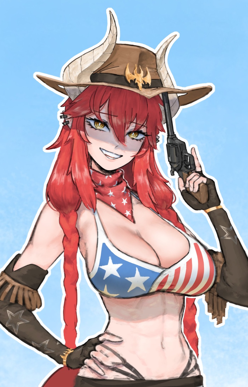 american_flag american_flag_bikini american_flag_print bikini black_gloves blue_bikini braid breasts brown_hat cowboy_hat cowboy_western dragon_girl dragon_horns dragon_tail female fingerless_gloves flag_print gloves gun halfbakelim hand_on_own_hip hat highres holding holding_gun holding_weapon horns long_hair looking_at_viewer navel no_shirt print_bikini red_bikini red_hair red_scarf scarf shorts sidelocks smile solo star_(symbol) star_print swimsuit tail twin_braids two-tone_bikini virtual_youtuber vshojo weapon yellow_eyes zentreya zentreya_(cowboy_bikini) zentreya_(dragon)