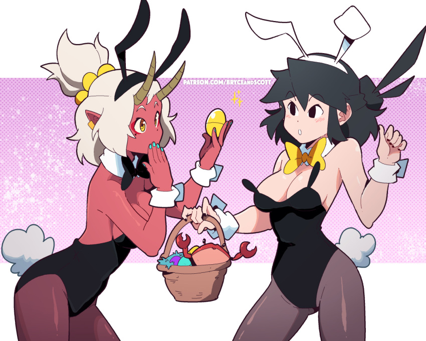 2girls animal_ears aqua_nails basket black_bow black_bowtie black_eyes black_hair black_leotard black_nails blush bow bowtie breasts brown_horns cleavage colored_skin commentary cowboy_shot crab detached_collar easter easter_egg egg english_commentary fake_animal_ears fake_tail hands_up highres holding holding_basket holding_egg horns leotard lucia_(scott_malin) meisha_(scott_malin) multiple_girls narrow_waist original pantyhose playboy_bunny pointy_ears rabbit_ears rabbit_tail red_skin scott_malin strapless strapless_leotard tail white_hair wrist_cuffs yellow_bow yellow_bowtie yellow_eyes