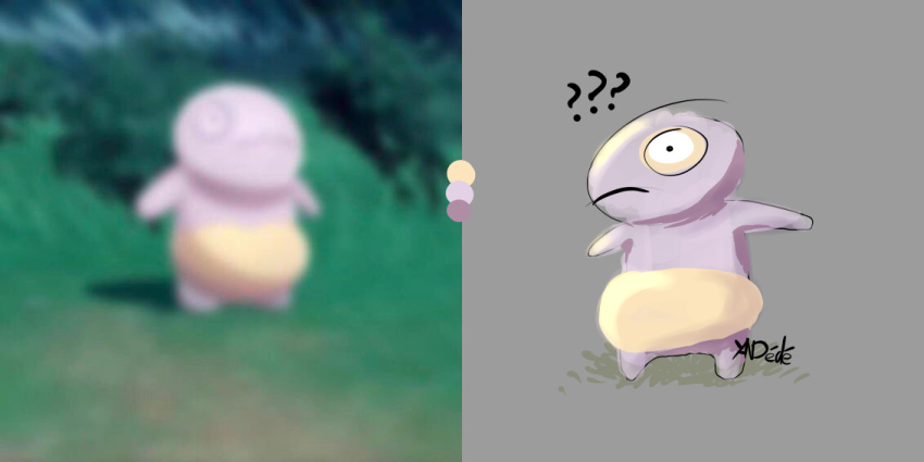 2:1 ambiguous_gender based_on_leaked_content belly blur_(disambiguation) blurred_background blurred_foreground blurry_screencap colored fakemon grass hoax nintendo pink_body plant pokemon screencap semi-anthro shaded signature simple_background solo unknown_species weird_baby_fakemon yandede yellow_belly