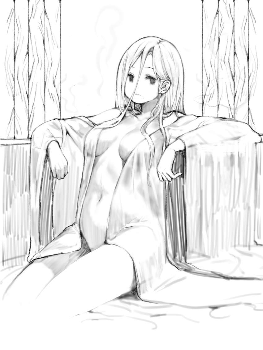 bad_id bad_pixiv_id breasts closed_mouth collarbone commentary female frown greyscale hair_between_eyes highres kkaebing long_hair long_sleeves medium_breasts mole mole_under_mouth monochrome navel no_nose onsen open_clothes original sitting solo steam symbol-only_commentary wide_sleeves