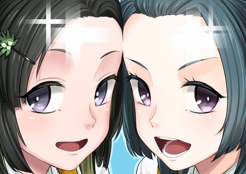 2girls black_hair blonde_hair blue_background blue_hair close-up forehead hair_ornament hairclip ifuji_shinsen kantai_collection looking_at_viewer makinami_(kancolle) multicolored_hair multiple_girls open_mouth portrait purple_eyes shiny_forehead shirt simple_background sparkle suzunami_(kancolle) white_shirt