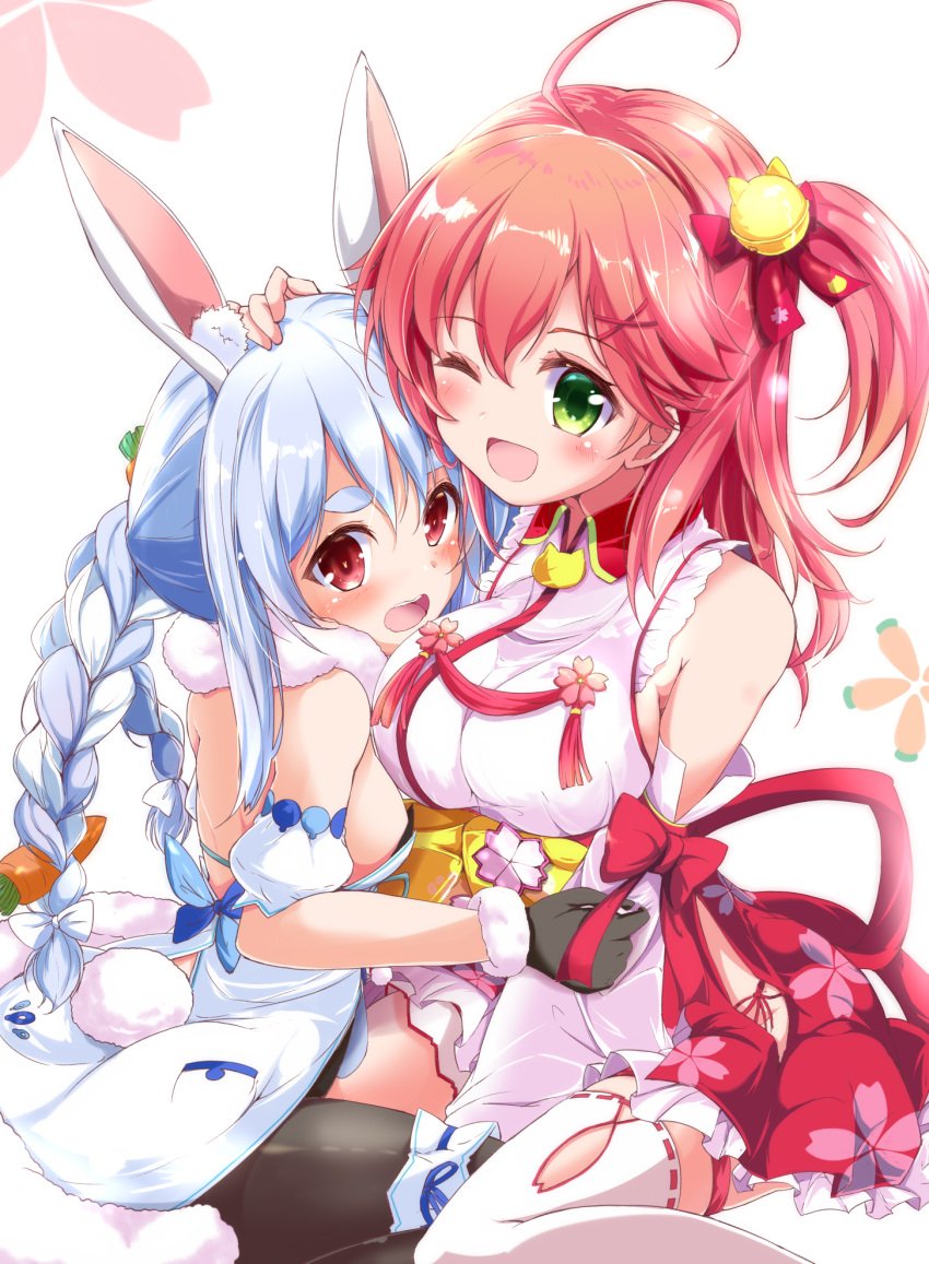 2girls ahoge animal_ears armband bare_shoulders bell black_gloves blush braid breasts carrot carrot_hair_ornament cherry_blossom_print commentary_request floral_print food-themed_hair_ornament frills gloves green_eyes hair_bell hair_between_eyes hair_ornament hairclip highres hololive long_braid long_hair medium_breasts multiple_girls nanaume_(shichimi_tougarashi) one_eye_closed one_side_up open_mouth pantyhose pink_hair pocket rabbit_ears rabbit_girl red_eyes sakura_miko sakura_miko_(1st_costume) sideboob sitting small_breasts symbol-shaped_pupils thick_eyebrows usada_pekora usada_pekora_(1st_costume) virtual_youtuber white_legwear x_hair_ornament