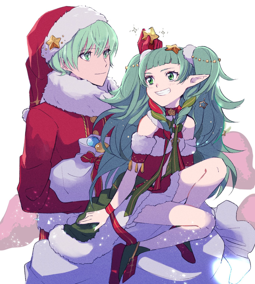 1boy alternate_hair_color bad_id bad_twitter_id braid byleth_(fire_emblem) byleth_(male)_(fire_emblem) christmas_ornaments closed_mouth commentary_request dress enlightened_byleth_(male) female fire_emblem fire_emblem:_three_houses fire_emblem_heroes fur_trim green_eyes green_hair grin hair_ornament hair_ribbon hashio_(gobou3443) hat highres holding long_hair long_sleeves looking_back pointy_ears pom_pom_(clothes) red_headwear ribbon ribbon_braid sack santa_costume santa_hat short_hair simple_background sitting smile sothis_(fire_emblem) sothis_(winter)_(fire_emblem) twin_braids white_background