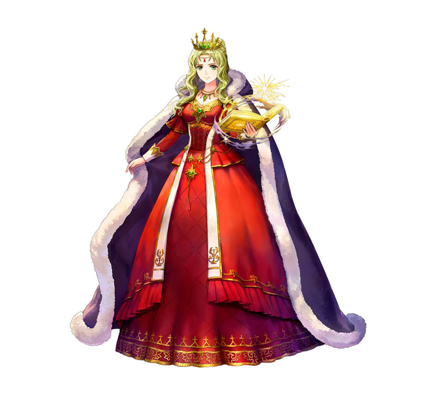 asatani_tomoyo blonde_hair book breasts cape circlet cleavage dress female fire_emblem fire_emblem:_the_binding_blade fire_emblem_heroes full_body fur-trimmed_cape fur_trim gold_trim green_eyes guinevere_(fire_emblem) guinevere_(queen_of_bern)_(fire_emblem) hair_bun holding holding_book juliet_sleeves light long_hair long_sleeves looking_at_viewer magic medium_breasts official_alternate_costume official_alternate_hairstyle official_art open_book puffy_sleeves purple_cape red_dress single_hair_bun smile solo third-party_source white_background