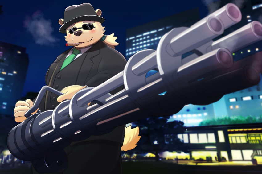 2023 3:2 anthro bear clothing eyewear hat headgear headwear humanoid_hands inugamihito kemono leib_(tas) lifewonders male mammal night polar_bear smoking solo suit sunglasses tokyo_afterschool_summoners ursine weapon