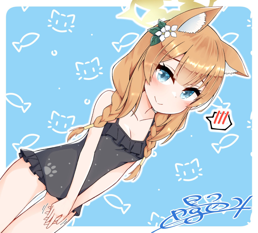 animal_ears blue_archive blue_background blue_eyes blush breasts casual_one-piece_swimsuit cat_ears cleavage collarbone commentary_request dutch_angle female frilled_one-piece_swimsuit frills hair_ornament halo highres mari_(blue_archive) mari_(swimsuit)_(blue_archive) medium_hair one-piece_swimsuit orange_hair own_hands_together paw_print shiki_hicage small_breasts smile solo swimsuit yellow_halo