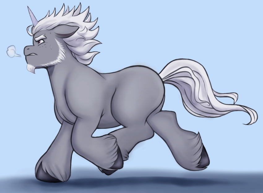 2022 alphabittle_blossomforth_(mlp) ass beard big_butt blue_background bodily_fluids breath clenched_teeth digital_media_(artwork) ears_back equid equine eyebrows facial_hair feral fetlocks fluffy fluffy_tail freckles full-length_portrait fur grey_body grey_fur hair hasbro horn horse male mammal mature_feral mature_male mlp_g5 muscular muscular_feral muscular_male my_little_pony mythological_creature mythological_equine mythology pivoted_ears pony portrait purple_eyes quadruped raised_leg running sallylla side_view sideburns simple_background slightly_chubby solo steam sweat sweatdrop tail teeth thick_eyebrows thick_thighs trotting tuft unicorn unicorn_horn white_hair