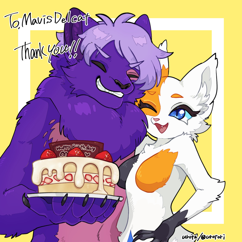 1:1 anthro birthday birthday_cake black_body black_fur blue_body blue_eyes blue_fur cake calico_cat claws closed_eyes delilah_delcat dessert domestic_cat duo felid feline felis female food fur hair heart_symbol hi_res looking_up male mammal mavis_delcat mother_(lore) mother_and_child_(lore) mother_and_son_(lore) multicolored_body multicolored_fur one_eye_closed open_mouth orange_body orange_fur parent_(lore) parent_and_child_(lore) parent_and_son_(lore) pink_body pink_fur purple_body purple_fur purple_hair size_difference smile son_(lore) spades_(marking) spades_(suit) suit_symbol text tuft urotori white_body white_fur