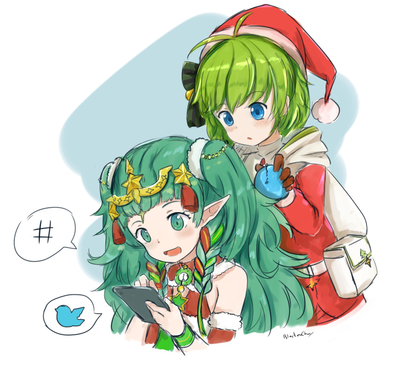 2girls artist_name belt blackma_(pagus0012) blue_eyes braid brown_gloves cellphone christmas_ornaments commentary english_commentary fire_emblem fire_emblem:_the_blazing_blade fire_emblem:_three_houses fire_emblem_heroes fur_trim gloves green_eyes green_hair hair_ornament hair_ribbon hat highres holding holding_phone long_hair long_sleeves multiple_girls nino_(fire_emblem) nino_(winter)_(fire_emblem) open_mouth phone pointy_ears pom_pom_(clothes) red_headwear ribbon ribbon_braid santa_costume santa_hat short_hair simple_background smartphone sothis_(fire_emblem) sothis_(winter)_(fire_emblem) tiara twin_braids twitter_logo upper_body