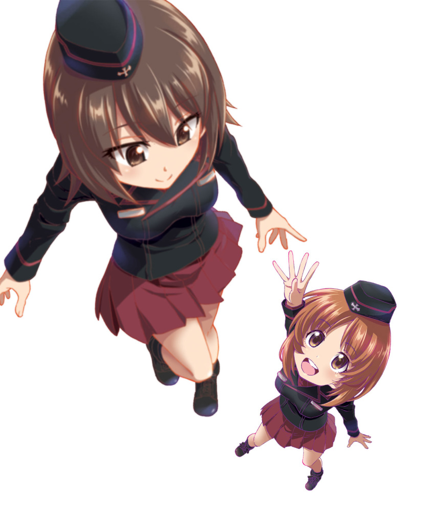 2girls ankle_boots black_footwear black_headwear black_jacket blurry blurry_foreground boots brown_eyes brown_hair closed_mouth commentary_request depth_of_field dress_shirt floating garrison_cap girls_und_panzer girls_und_panzer_phase_erika hat highres insignia jacket kuromorimine_military_uniform long_sleeves looking_at_another looking_down looking_up military military_hat military_uniform miniskirt multiple_girls nishizumi_maho nishizumi_miho open_mouth pleated_skirt reaching red_shirt red_skirt saitaniya_ryouichi shirt short_hair siblings simple_background sisters skirt smile uniform white_background wing_collar