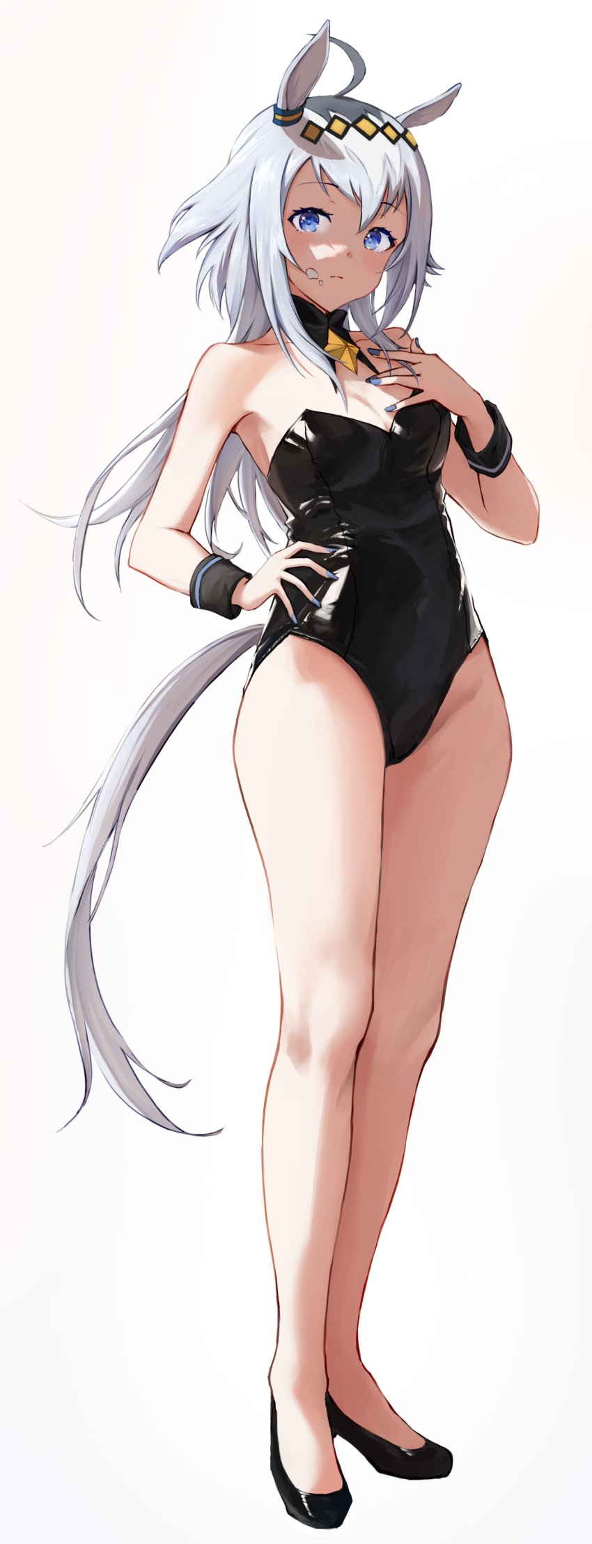 absurdres ahoge animal_ears bare_legs bare_shoulders blue_eyes blue_nails breasts closed_mouth detached_collar female food food_on_face full_body grey_hair grey_tail hand_on_own_hip hand_up highres horse_ears horse_girl horse_tail leotard long_hair looking_at_viewer medium_breasts nail_polish non09_24 nontraditional_playboy_bunny oguri_cap_(umamusume) playboy_bunny simple_background solo tail umamusume white_background wrist_cuffs