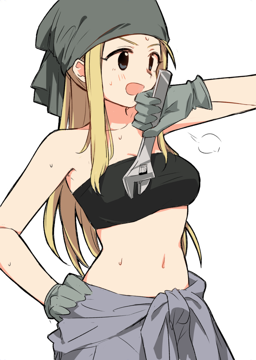 :d adjustable_wrench armpits bandana bandeau bare_shoulders black_bandeau black_eyes blonde_hair blush breasts breath cleavage clothes_around_waist commentary cowboy_shot female fullmetal_alchemist gloves grey_bandana grey_gloves grey_overalls hand_on_own_hip highres holding holding_wrench large_breasts long_hair looking_ahead matsuda_hikari midriff navel open_mouth overalls overalls_rolled_up sidelocks simple_background smile solo strapless sweat tied_sleeves tube_top white_background winry_rockbell wiping_sweat wrench