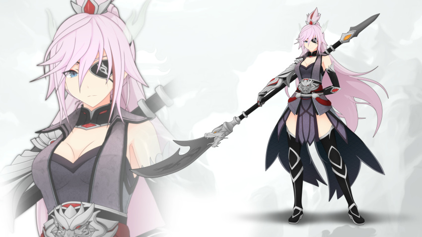 alternate_costume azur_lane bare_shoulders belt black_gloves black_thighhighs blue_eyes boots breasts cleavage dress elbow_gloves en_go_(kuro_nigiri) eyepatch female gloves hair_ornament highres holding holding_behind_back holding_polearm holding_weapon long_hair looking_at_viewer medium_breasts naginata pink_hair polearm scharnhorst_(azur_lane) sleeveless sleeveless_dress solo thigh_boots thighhighs very_long_hair weapon