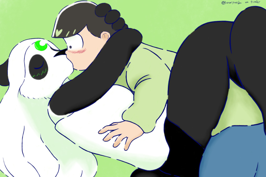 2023 3:2 anthro bear black_body black_fur black_nose blush choromatsu_matsuno clinging closed_eyes clothed clothing digital_drawing_(artwork) digital_media_(artwork) duo female fur fur_markings giant_panda hair human human_on_anthro interspecies kiss_on_lips kissing leg_wrap lunarpanda8686 male male/female male_on_anthro mammal markings mika_(lunarpanda8686) mr._osomatsu round_ears simple_background slightly_chubby surprise surprise_kiss surprised_expression tail white_body white_fur white_hair