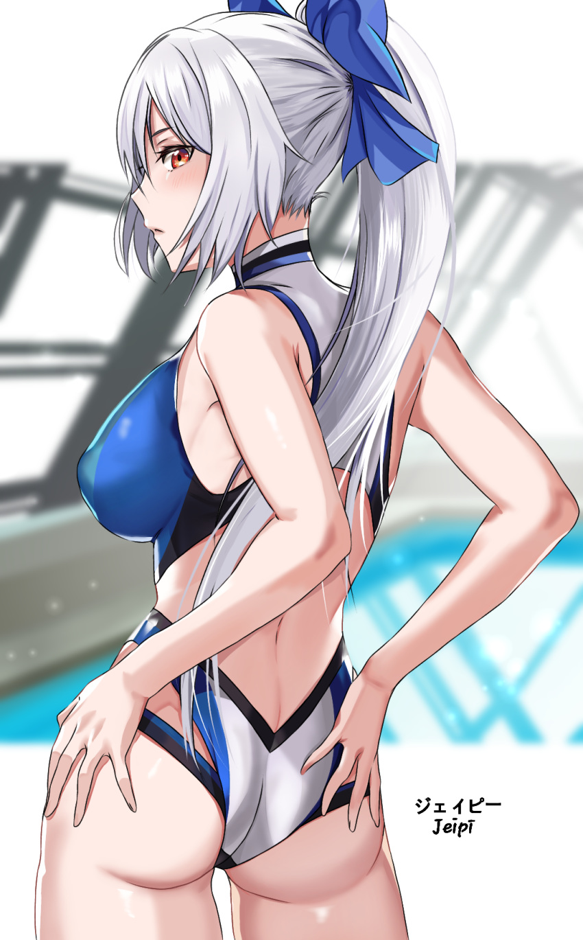 ass back bad_id bad_pixiv_id blue_bow blue_one-piece_swimsuit blush bow breasts competition_swimsuit fate/grand_order fate_(series) female grey_hair hairbow highleg highleg_swimsuit highres john_mangalile large_breasts long_hair looking_at_viewer looking_back one-piece_swimsuit parted_lips ponytail red_eyes rei_no_pool swimsuit thighs tomoe_gozen_(fate) tomoe_gozen_(swimsuit_saber)_(fate) tomoe_gozen_(swimsuit_saber)_(first_ascension)_(fate) two-tone_swimsuit white_one-piece_swimsuit