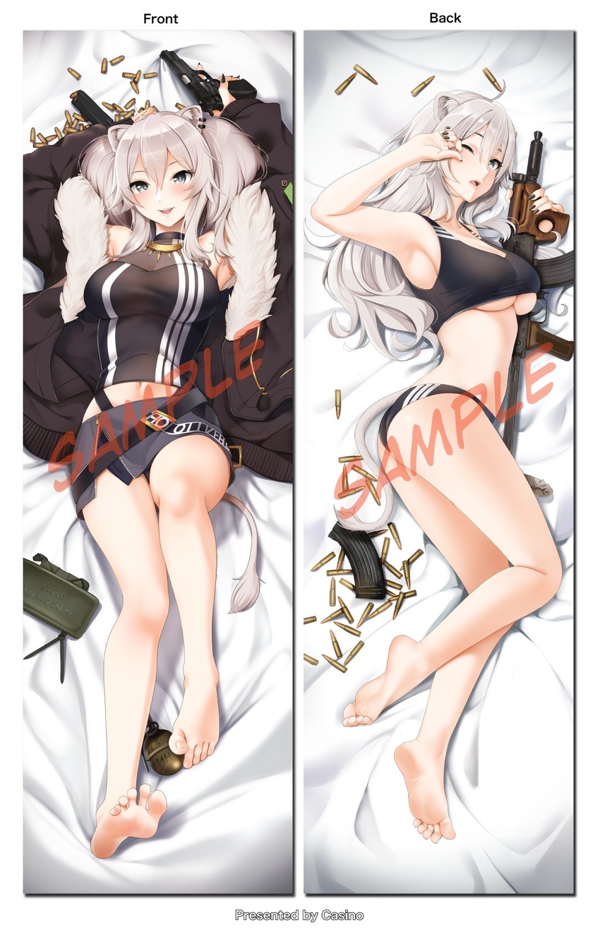 ammunition animal_ears armpits arms_up bare_arms bare_legs bare_shoulders barefoot black_bra black_panties bra breasts casino_(casinoep) claymore_(mine) cleavage dakimakura_(medium) explosive feet female greek_toe grey_eyes grey_hair gun highres hololive large_breasts legs lion_ears long_hair looking_at_viewer magazine_(weapon) mine_(weapon) multiple_views one_eye_closed panties see-through see-through_cleavage shishiro_botan shishiro_botan_(1st_costume) soles tail toes underwear virtual_youtuber weapon