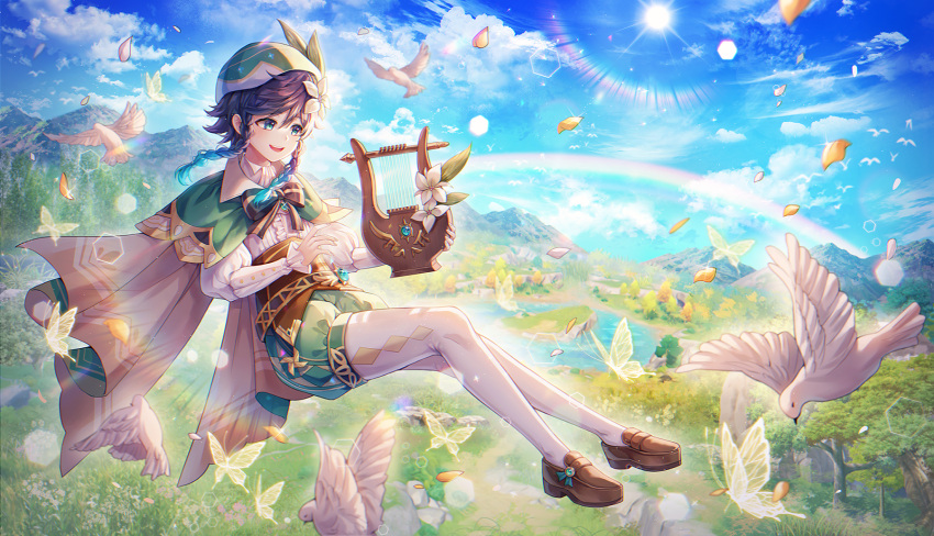 1boy androgynous animal argyle_clothes argyle_legwear beret bird black_hair blue_hair bow braid brooch bug butterfly cape cloud cloudy_sky collared_cape collared_shirt commentary corset day feathers floating flower frilled_sleeves frills gem genshin_impact gradient_hair grass green_eyes green_hat green_shorts hair_flower hair_ornament hat hayun highres holding holding_instrument instrument jewelry leaf long_sleeves lyre male_focus md5_mismatch mountainous_horizon multicolored_hair open_mouth outdoors pantyhose petals pinwheel pond rainbow resolution_mismatch shirt shoes short_hair_with_long_locks shorts sky smile solo source_larger sun tree twin_braids venti_(genshin_impact) vision_(genshin_impact) water white_flower white_pantyhose white_shirt