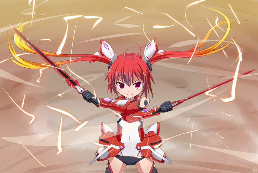 absurdres dual_wielding flat_chest gloves gradient_hair hair_ornament highres leotard long_hair mecha_musume midzuha mitsuka_souji multicolored_hair ore_twintail_ni_narimasu red_eyes red_hair rule_63 solo sword tail_red tailred thighhighs twintails very_long_hair weapon