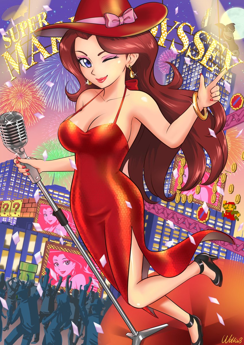 ;) bangle blue_eyes bracelet breasts brown_hair building city cleavage commentary_request crowd donkey_kong donkey_kong_(series) dress earrings female fireworks full_body full_moon hat high_heels highres jewelry large_breasts lipstick makeup mario mario_(series) microphone moon nail_polish night one_eye_closed pauline_(mario) red_carpet red_dress red_lips red_nails sequins sideboob sky smile solo super_mario_odyssey ur_(wulfa)