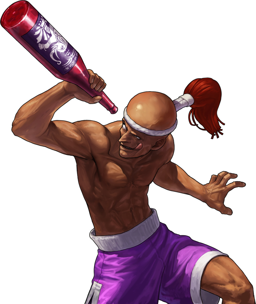 1boy abs bald bottle dark-skinned_male dark_skin fatal_fury headband highres hwa_jai licking_lips male_focus mongkhon muay_thai muscular official_art ogura_eisuke purple_shorts shorts solo the_king_of_fighters the_king_of_fighters_xiii tongue tongue_out topless_male transparent_background