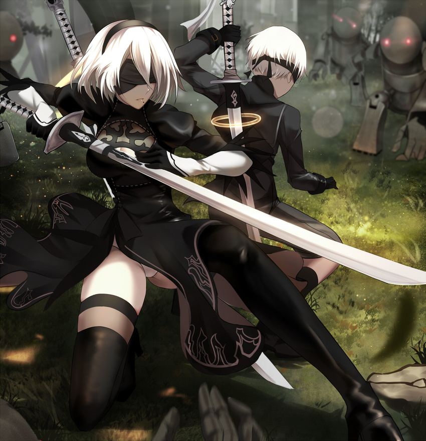 1boy 2b_(nier:automata) 9s_(nier:automata) black_blindfold black_dress black_footwear black_thighhighs blindfold boots commentary covered_eyes dress female forest gloves grass highres katana kneeling leotard leotard_shot mecha medium_hair mole mole_under_mouth nature nier:automata nier_(series) pale_skin red_eyes robot shigure_s short_hair stance sword thigh_boots thighhighs tree weapon white_hair white_leotard wind