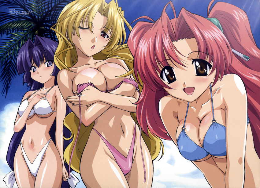 3girls ;o absurdres ahoge bare_shoulders beach bikini blonde_hair blue_bikini blue_eyes blue_hair blue_sky blush body_blush breast_hold breasts brown_eyes cleavage cloud cowboy_shot crossed_arms day fujii_masahiro groin hair_between_eyes hair_intakes hair_ornament hand_on_own_chest highleg highleg_bikini highleg_swimsuit highres hime_cut kamishiro_rin kazetsubaki_kuriko large_breasts leaning_forward light_rays long_hair maburaho megami_magazine miyama_yuuna multiple_girls narrow_waist naughty_face navel o-ring o-ring_bikini o-ring_top official_art one_eye_closed open_mouth outdoors palm_tree parted_bangs pink_hair purple_bikini red_eyes scan sideboob sidelocks sky smile standing string_bikini sunbeam sunlight swimsuit tree two_side_up underboob untied_bikini upper_body very_long_hair wavy_hair white_bikini