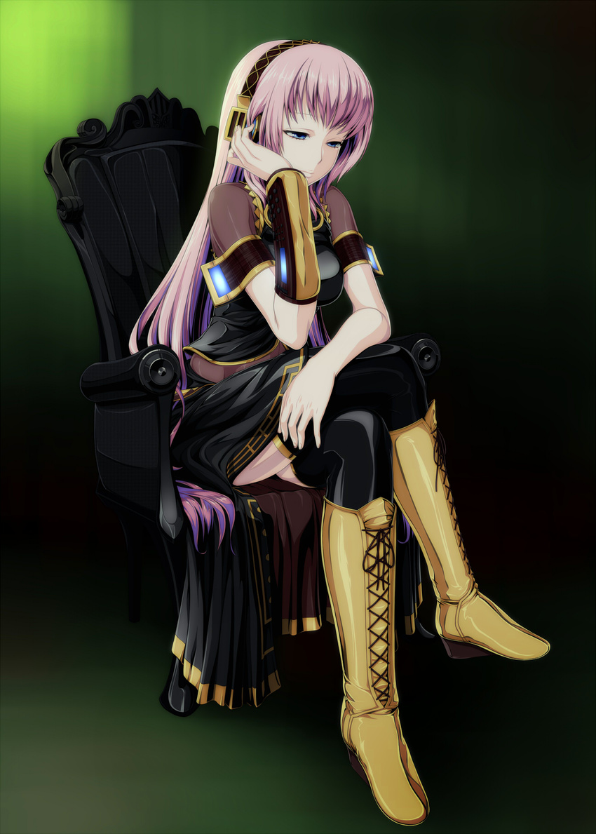 bad_id bad_pixiv_id blue_eyes boots chair crossed_legs female head_rest headphones highres knee_boots long_hair megurine_luka pink_hair sitting solo thighhighs tokitaka_(amaterath) very_long_hair vocaloid zettai_ryouiki