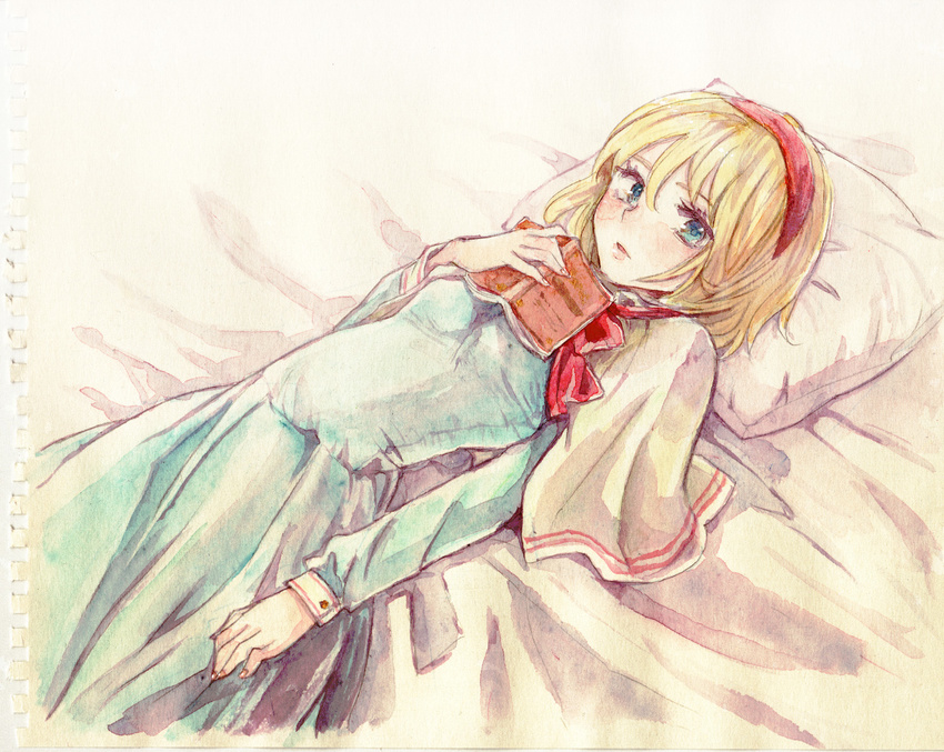 alice_margatroid blonde_hair blue_dress blue_eyes book capelet commentary_request cushion dress female hairband kuma_(crimsonvanilla) looking_at_viewer lying on_back open_book painting_(medium) solo touhou traditional_media watercolor_(medium)