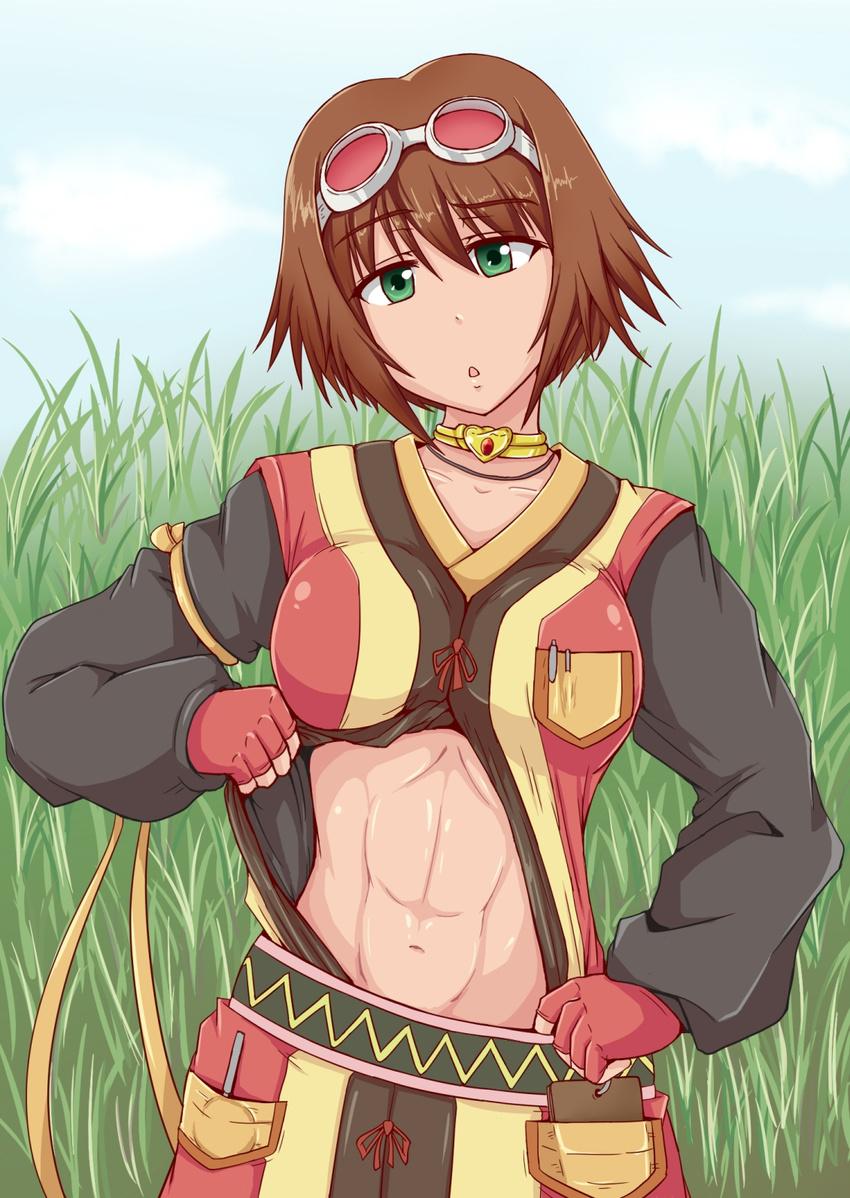 abs breast_pocket breasts brown_hair female female fingerless_gloves gloves goggles green_eyes large_breasts navel rita_mordio sha-pei_sahei short_hair solo tagme tales_of_(series) tales_of_vesperia