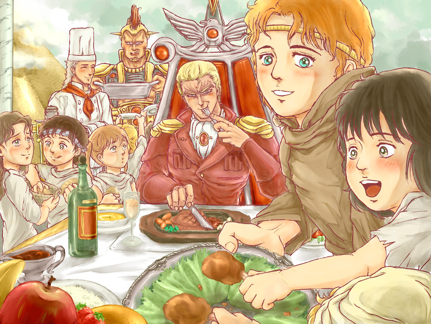 2girls 5boys apple armor arms_up banana basket belga_(hokuto_no_ken) blonde_hair blush bread buffet carrot chicken_(food) chicken_leg closed_eyes cloud commentary_request cook cup day eating facial_mark food forehead_mark fork formal fruit headband highres hokuto_no_ken jewelry knife lifting lolicon looking_at_viewer looking_away looking_down looking_up multiple_boys multiple_girls neckerchief nisejuuji open_mouth orange_hair plate pyramid_(structure) rem_(hokuto_no_ken) rice salad sauce seitei_jujiryou shiva_(hokuto_no_ken) short_hair shoulder_pads sitting smile soldier soup souther steak strawberry table throne tomato turban twintails