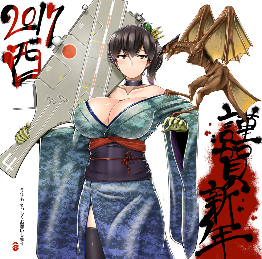 2017 alternate_costume ammunition bare_shoulders blue_kimono breasts brown_eyes brown_hair camouflage cartridge choker collarbone commentary_request explosive female flight_deck gamera_(series) gloves green_gloves grenade gyaos hagoita hair_ornament highres huge_breasts japanese_clothes kaga_(kancolle) kantai_collection kimono kotoyoro long_sleeves new_year obi off_shoulder paddle phalanx_ciws radome saizu_nitou_gunsou sash side_ponytail simple_background solo thighhighs translated twitter_username white_background wide_sleeves