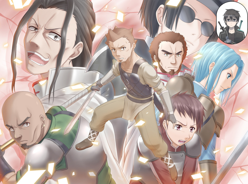 1boy agil bandana blue_hair brown_eyes brown_hair diabel godfrey grimlock_(sao) keita_(sao) kibaou kirito klein kuradeel male_focus short_hair sword_art_online white_background