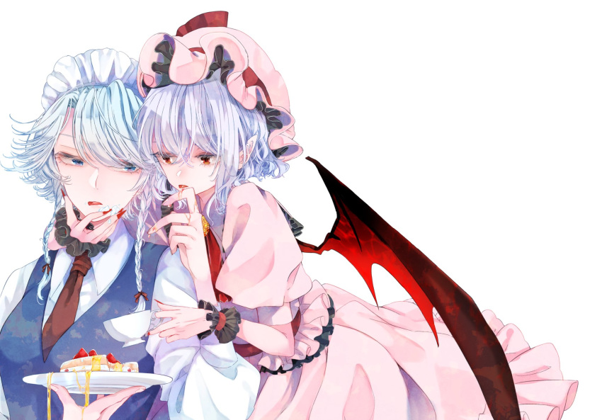 2girls ascot bad_id bad_twitter_id bat_wings blue_eyes blue_hair blue_vest bow braid breasts cake commentary_request cream cup dress fingernails food fruit grey_hair hair_between_eyes hairbow hand_up hat hat_ribbon highres holding holding_cup holding_plate honey izayoi_sakuya long_sleeves looking_at_another maid maid_headdress medium_breasts mob_cap multiple_girls nail_polish necktie pink_dress pink_headwear plate pointy_ears puffy_short_sleeves puffy_sleeves red_ascot red_bow red_eyes red_nails red_necktie red_ribbon remilia_scarlet ribbon sharp_fingernails shirt short_hair short_sleeves simple_background souta_(karasu_no_ouchi) strawberry strawberry_shortcake swept_bangs teacup tongue tongue_out touhou twin_braids upper_body vest white_background white_shirt wings wrist_cuffs yuri