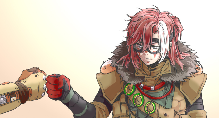 1boy 1other androgynous animification apex_legends bloodhound_(apex_legends) brown_jacket cable fist_bump fur_trim fuse_(apex_legends) gloves goggles grey_eyes hair_behind_ear jacket looking_down male_focus mechanical_arms medium_hair meteolance red_gloves red_hair single_mechanical_arm white_hair