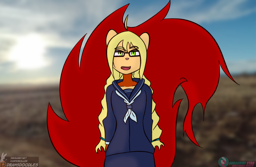 anthro braided_hair clothing emergence eyewear female glasses hair hi_res kamperkiller_(artist) mammal meme nina_tash outside rodent school_uniform sciurid solo sunny tree_squirrel uniform