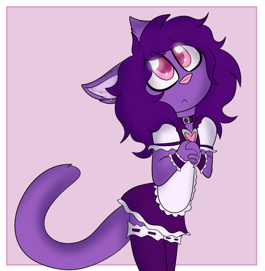 absurd_res anthro begging biped clothed clothing collar domestic_cat ear_piercing ear_tuft felid feline felis female fully_clothed fur hair hi_res impbutt jewelry legwear long_hair maid_uniform mammal nova-aurora paws piercing pink_eyes pink_nose purple_body purple_fur purple_hair simple_background solo tuft uniform