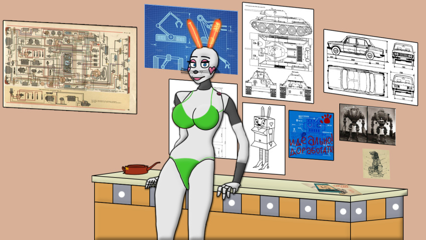 anonymfurfever anthro bikini blueprint car clothing female furniture lagomorph leporid looking_at_viewer machine mammal rabbit robot robozayats russian solo soyuzmultfilm swimwear table vehicle well_just_you_wait! zayats_(wjyw)