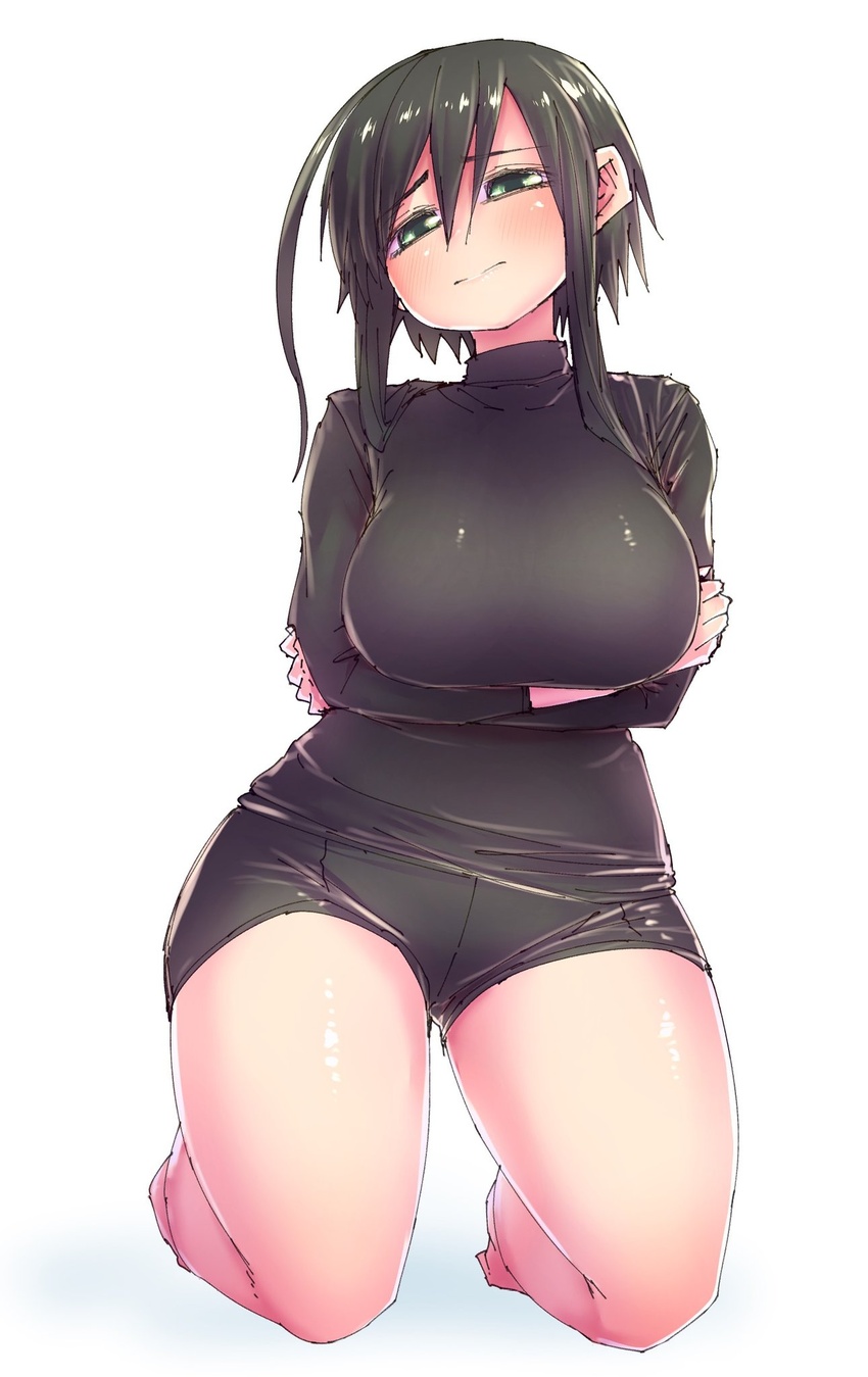 ahoge arms_under_breasts black_hair black_shirt black_shorts breasts female green_eyes highres huge_ahoge kneeling medium_breasts musuko_ga_kawaikute_shikatanai_mazoku_no_hahaoya nishimura_chiharu shirt short_hair shorts sidelocks simple_background solo thick_thighs thighs white_background zyugoya