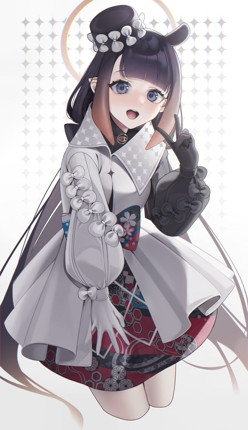 absurdres asa_no_ha_(pattern) asymmetrical_gloves asymmetrical_sleeves black_gloves black_hair black_hat blue_eyes blunt_bangs bow breasts clover_print coat commentary cowboy_shot cropped_legs dress eyelashes female floral_print gloves gradient_hair grey_background halo hat heart heart_print highres hololive hololive_english kashiko_(kshiko1) long_hair long_sleeves looking_at_viewer low_twintails mini_hat mismatched_gloves mismatched_sleeves multicolored_clothes multicolored_dress multicolored_hair ninomae_ina'nis ninomae_ina'nis_(party_dress) official_alternate_costume official_alternate_hairstyle open_mouth orange_hair patterned_background pointy_ears sakuramon sidelocks simple_background small_breasts smile solo symbol-only_commentary temari_print tentacle_hair tilted_headwear twintails two-tone_hair v very_long_hair virtual_youtuber white_coat white_gloves