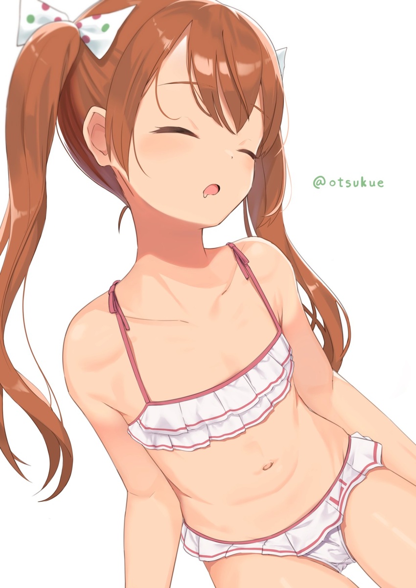 bikini brown_hair closed_eyes collarbone cowboy_shot drooling dx_(dekusu) female frilled_bikini frills hair_ribbon highres kantai_collection libeccio_(kancolle) libeccio_(swimsuit_mode)_(kancolle) long_hair navel official_alternate_costume ribbon sleeping stomach striped_bikini striped_clothes swimsuit twintails white_background white_ribbon