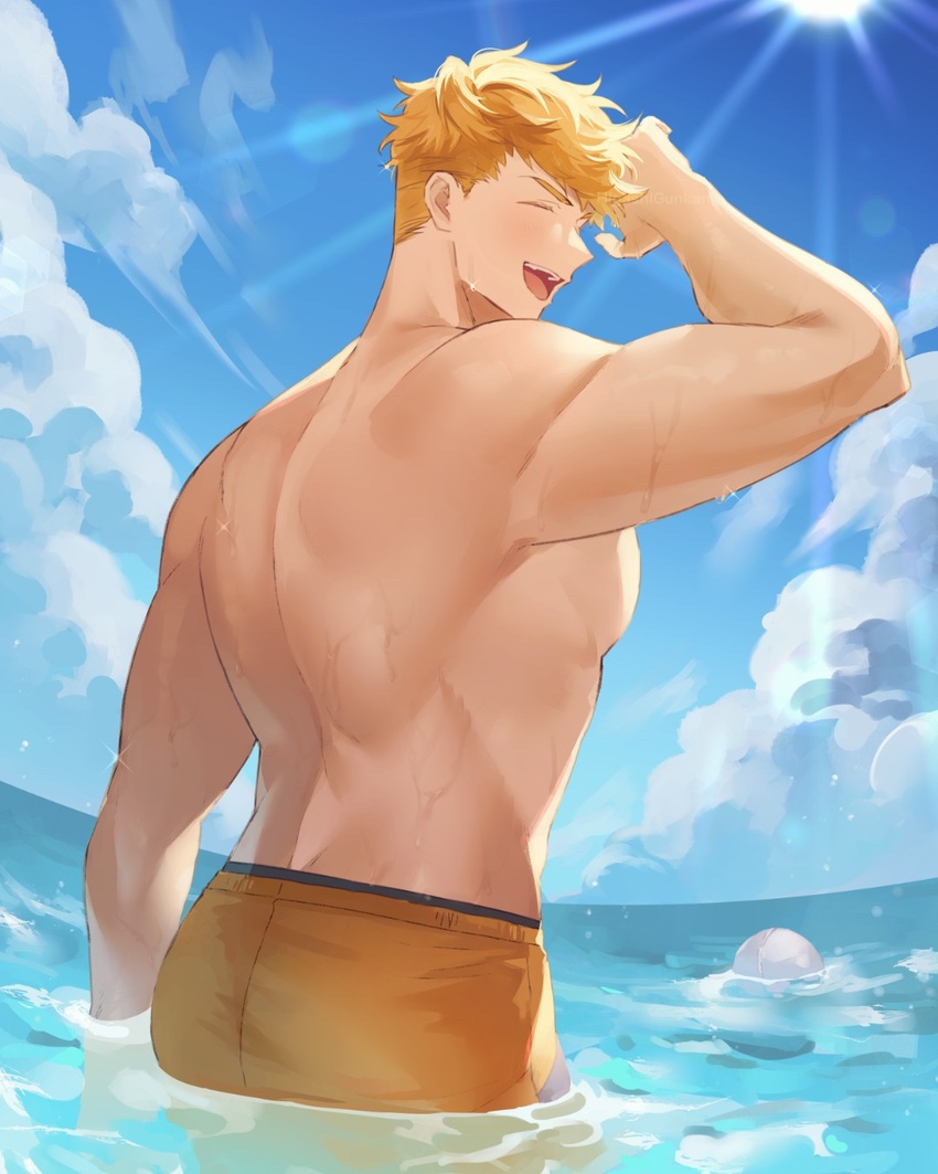 1boy bara blonde_hair blue_sky closed_eyes cloud day granblue_fantasy higashigunkan highres large_pectorals male_focus male_swimwear muscular muscular_male official_alternate_costume open_mouth orange_male_swimwear outdoors pectorals short_hair sky smile solo sunlight topless_male undercut vane_(granblue_fantasy) vane_(summer)_(granblue_fantasy) wading water