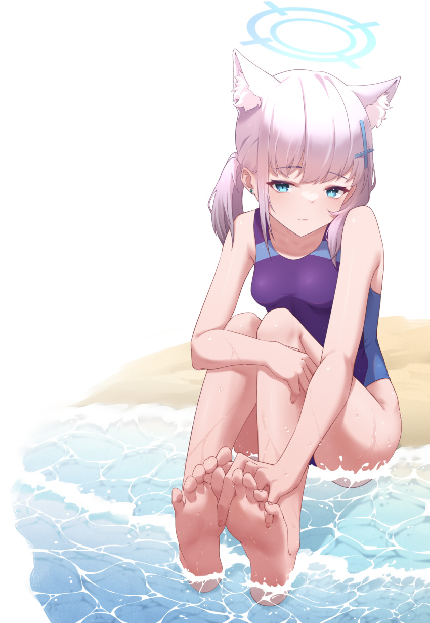 absurdres animal_ears ass bare_shoulders barefoot beach between_toes blue_archive blue_eyes breasts chan_sang earrings extra_ears feet female fingers_between_toes foreshortening hair_ornament hairclip halo hands_on_feet highres jewelry looking_at_viewer mismatched_pupils ocean official_alternate_costume one-piece_swimsuit shiroko_(blue_archive) shiroko_(swimsuit)_(blue_archive) side_ponytail sitting soles solo swimsuit toes water white_hair wolf_ears