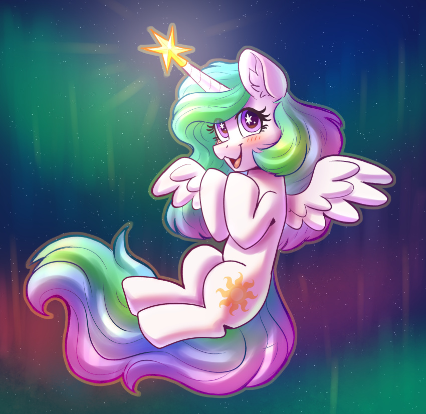 2021 absurd_res alicorn aurora_(phenomenon) blush cutie_mark dandy_(artist) equid equine eye_through_hair eyelashes feathered_wings feathers female feral friendship_is_magic fur hair hasbro hi_res horn inner_ear_fluff iridescent iridescent_hair iridescent_mane iridescent_tail looking_at_viewer mammal multicolored_hair multicolored_tail my_little_pony mythological_creature mythological_equine mythology open_mouth open_smile princess_celestia_(mlp) purple_eyes purple_sclera smile solo sparkles sparkling_eyes tail translucent translucent_hair tuft white_body white_fur wings