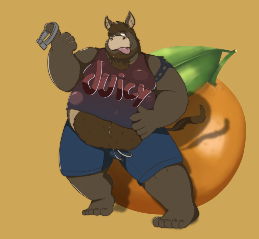 2020 anthro asinus belly bottomwear brown_body brown_fur clothing dippubear donkey equid equine food fruit fur hi_res humanoid_hands male mammal orange_(fruit) overweight overweight_male plant shirt shorts solo tongue tongue_out topwear