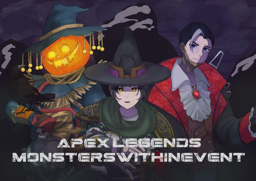 1boy 1other absurdres animal_on_arm animification apex_legends arisyooon bird bird_on_arm black_hair black_headwear bloodhound_(apex_legends) blue_eyes blue_headwear brown_eyes clenched_hand copyright_name crow crypto_(apex_legends) deadly_byte_crypto emerald_enchantress_wraith female gloves green_scarf grey_hair hair_slicked_back hat highres jack-o'-lantern multicolored_hair official_alternate_costume protector_of_the_patch_bloodhound red_gloves scarf streaked_hair vampire witch witch_hat wraith_(apex_legends)