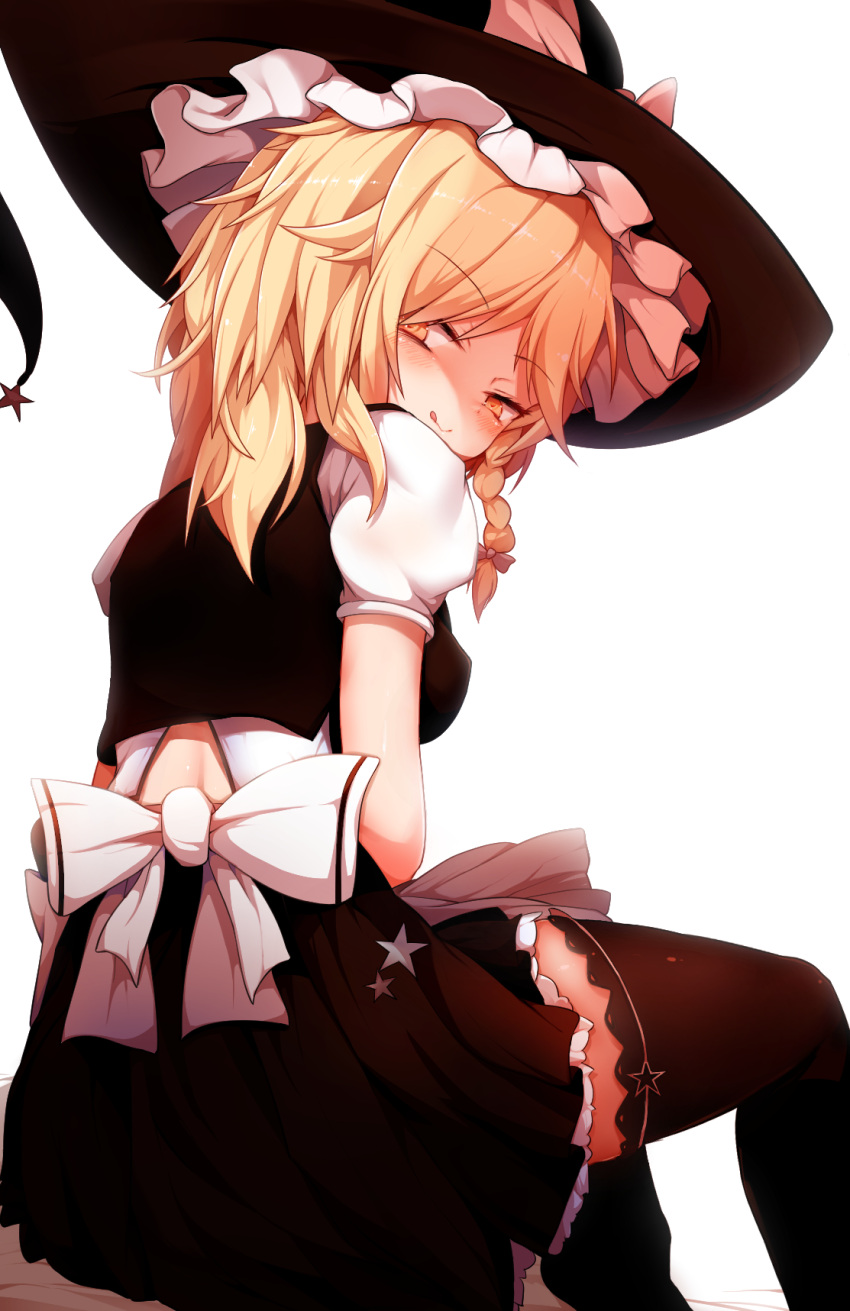 :p back black_skirt blonde_hair blush bow breasts closed_mouth commentary_request covered_nipples female frills hagure_kedama hat heart highres kirisame_marisa long_hair looking_at_viewer looking_back puffy_short_sleeves puffy_sleeves short_sleeves simple_background skirt solo thighhighs thighs tongue tongue_out touhou white_background white_bow witch_hat yellow_eyes zettai_ryouiki