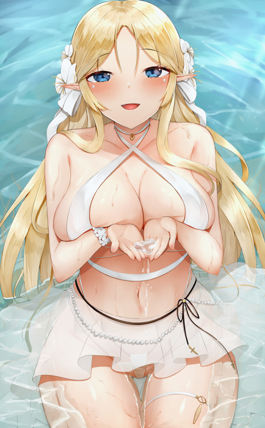 azur_lane bikini blonde_hair blue_eyes breasts brest_(azur_lane) brest_(marine_muse)_(azur_lane) choker criss-cross_halter female flower from_below hair_flower hair_ornament halterneck highres large_breasts long_hair looking_at_viewer looking_up nori_aji official_alternate_costume open_mouth pointy_ears see-through see-through_skirt skirt solo swimsuit thong_bikini very_long_hair wading water white_choker white_flower