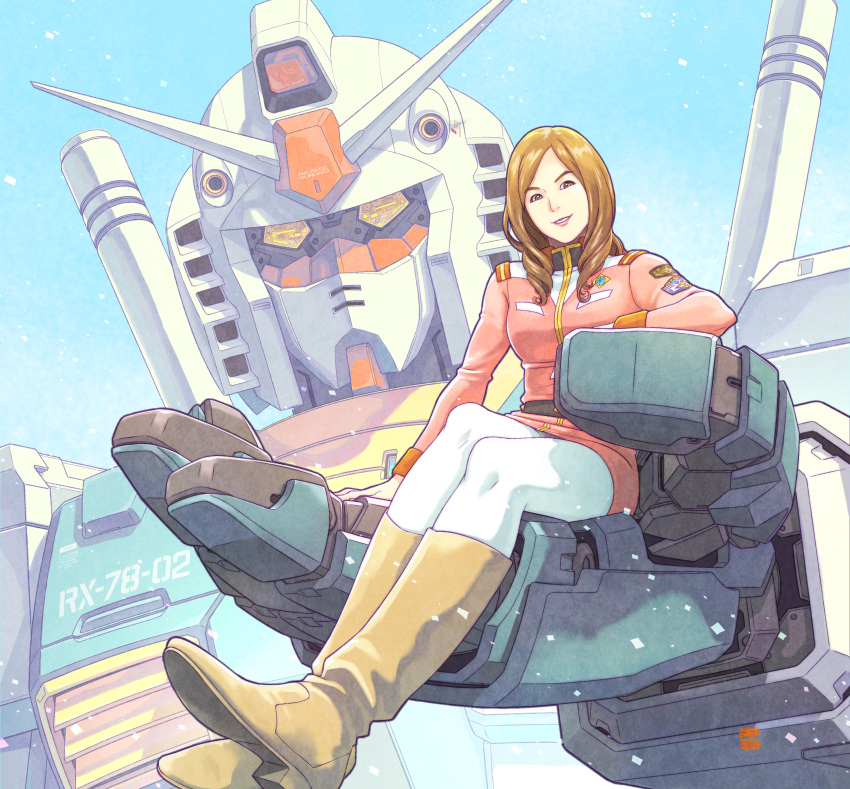 absurdres album_cover boots breasts brown_footwear brown_hair cosplay cover female gundam highres in_palm jacket kotobuki_tsukasa looking_at_viewer mecha medium_breasts medium_hair military military_uniform mobile_suit mobile_suit_gundam moriguchi_hiroko official_art on_mecha pantyhose parted_lips pink_jacket real_life robot rx-78-2 sayla_mass sayla_mass_(cosplay) science_fiction sitting smile uniform v-fin yellow_eyes